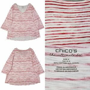 Chicos Shirt Ultimate Tee Size 4 US XXL 2X White Red Striped 3/4 Sleeve Stretch